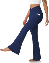 Womens Crossover Flare Leggings with Pockets Bootcut High Waisted Yoga Pants Tummy Control Gym Workout Work Pants (Color: Deep Blue)