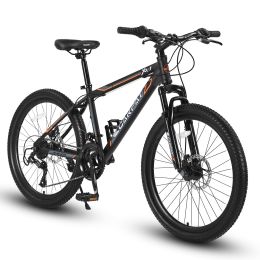 S24102 24 Inch Mountain Bike Boys Girls, Steel Frame, Shimano 21 Speed Mountain Bicycle with Daul Disc Brakes and Front Suspension MTB (Color: as Pic)