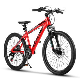 Elecony 24 inch Mountain Bike for Teenagers; Shimano 21 speed mechanical disc brake; black/red/green (Color: as Pic)